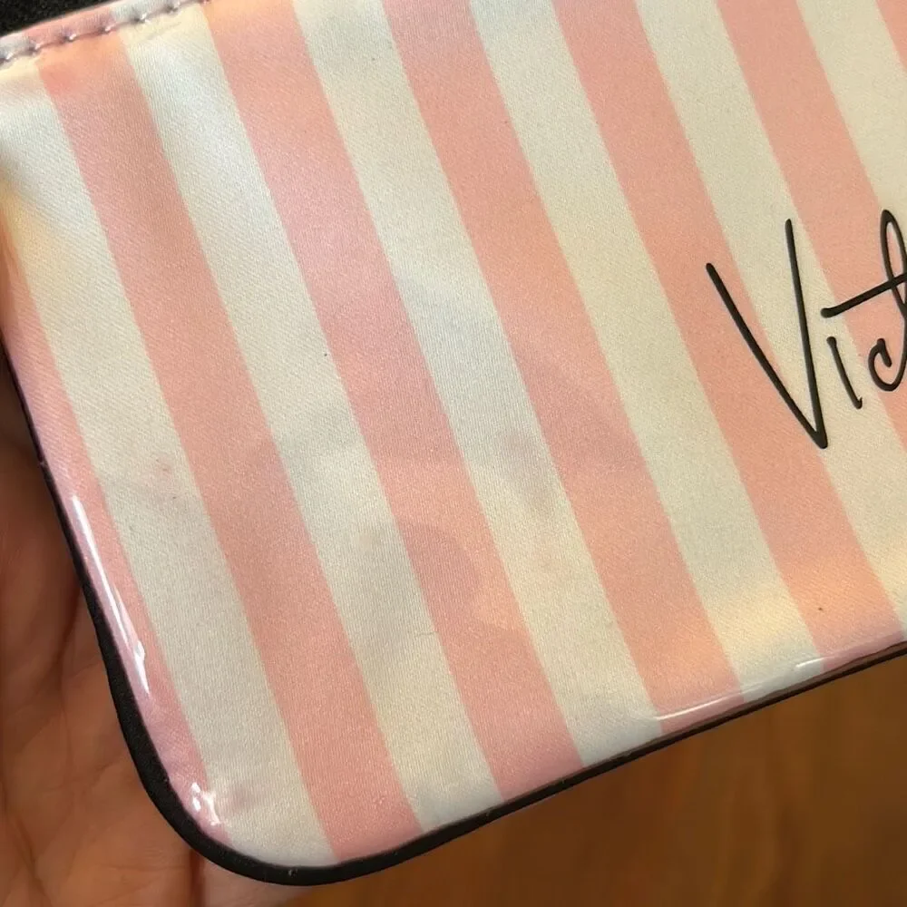 NWT Victoria secret pink and white stripes patent leather purse keychain bag